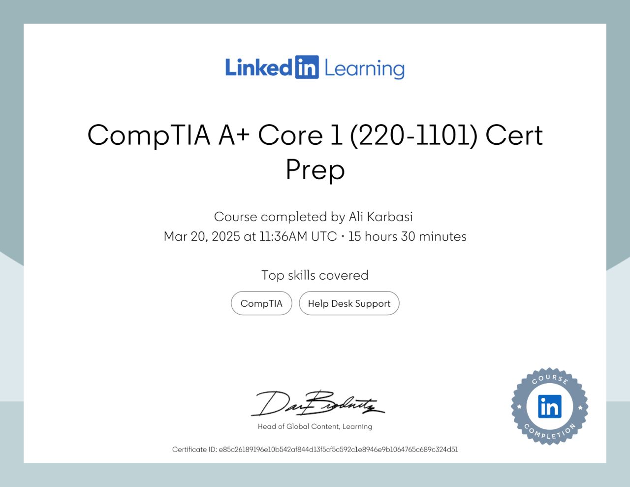 CompTIA A+ Certificate of Ali Karbasi